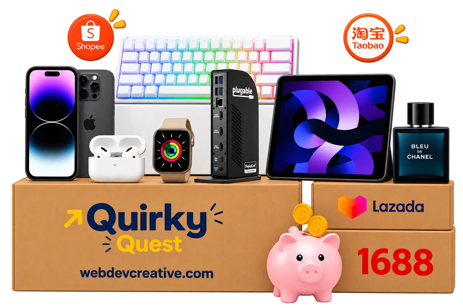 Quirky Quest delivery boxes surrounded by popular products and shopping platforms